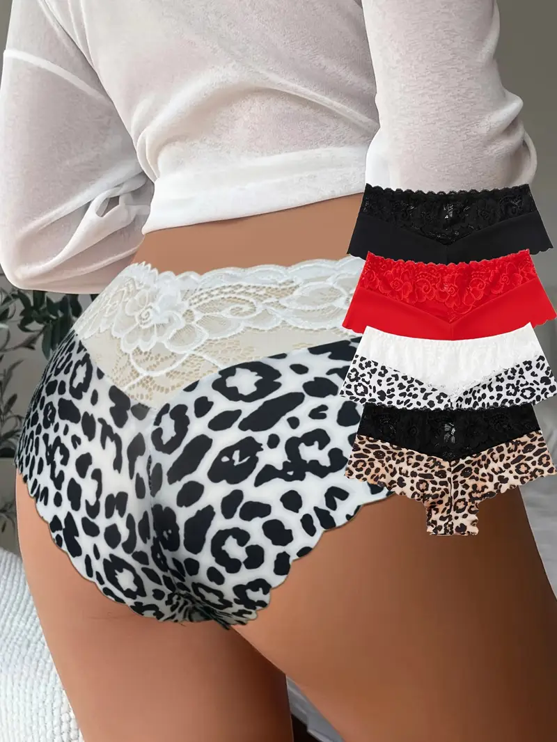 Lot de 4 culottes sexy en dentelle imprimée sans couture pour femmes, motif léopard