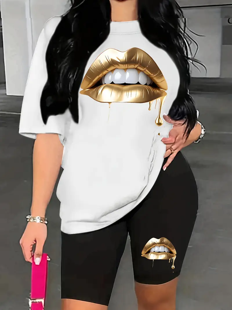 Ensemble deux pièces avec imprimé lèvres, t-shirt à manches courtes - taille XL