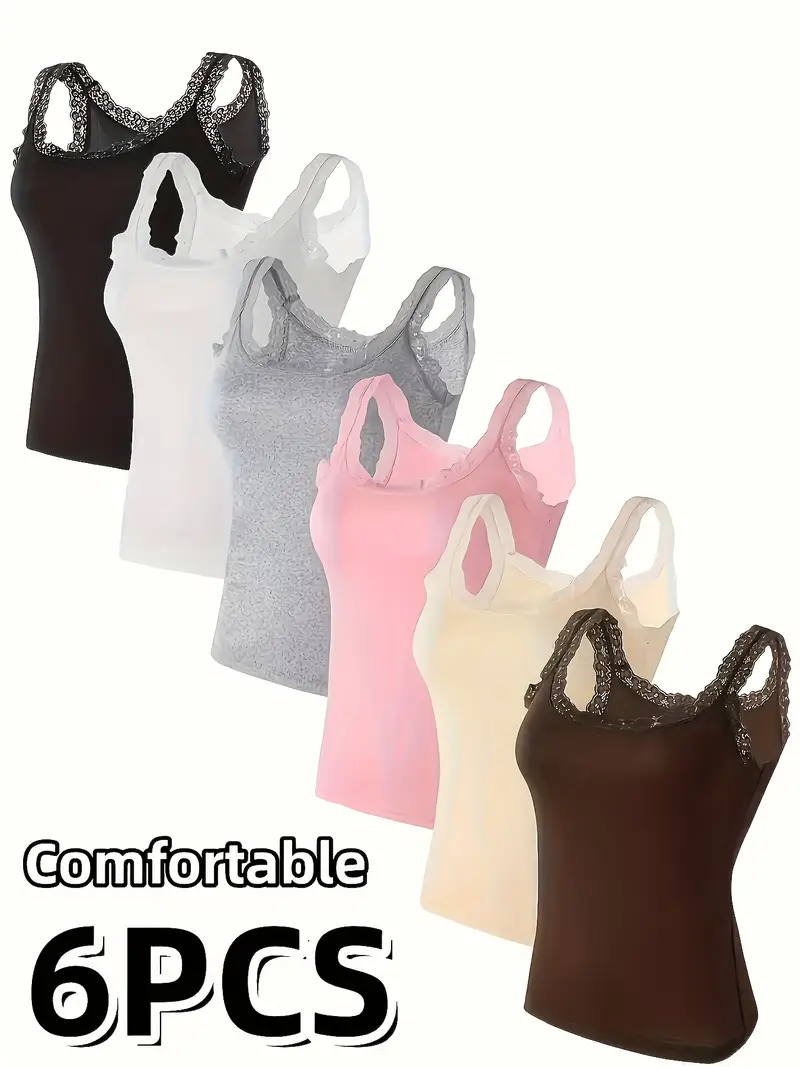 6 Débardeurs en dentelle - Col rond élégant, Couleurs unies taille M