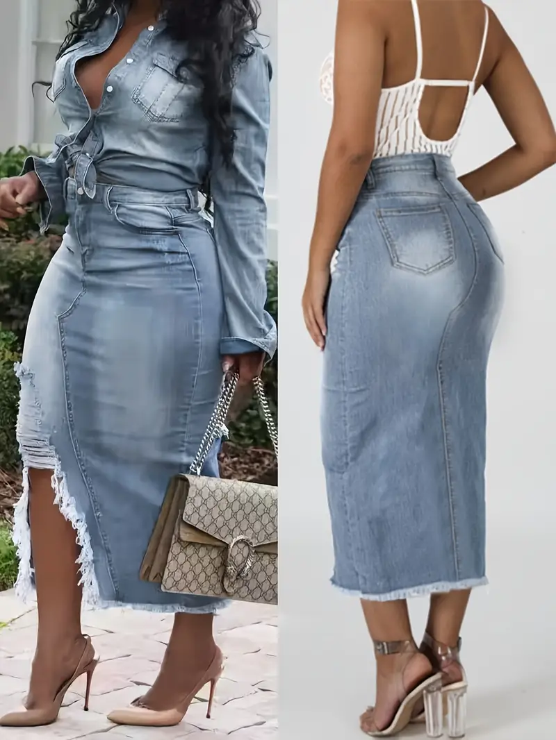 Jupe en jean taille haute effilochée taille XL