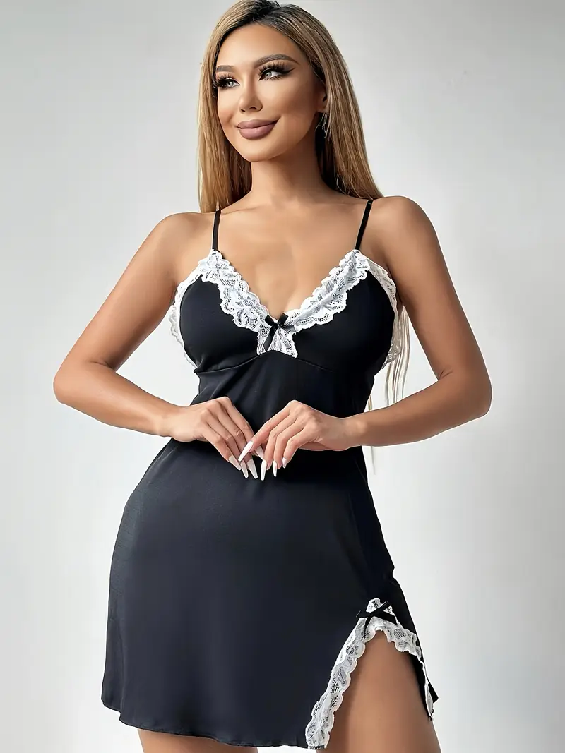 Chemise de Nuit noire élégante sans manches à dentelle taille XXL