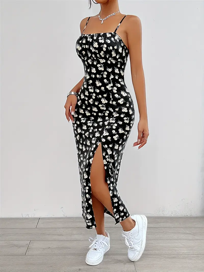 Robe maxi noire fendue à la cuisse avec imprimé floral sans manche - taille XL
